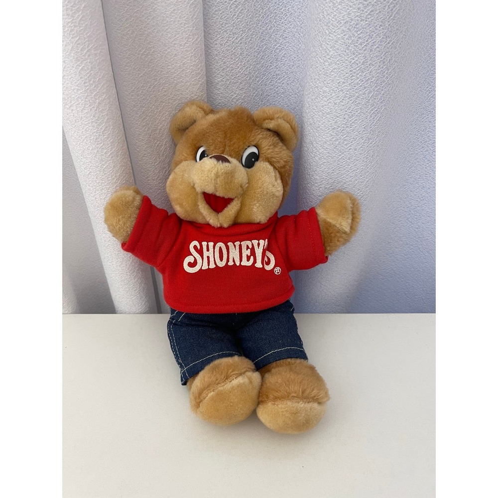 Shoneys Bear Plush Stuffed Animal Red Shirt Denim Overalls Vintage Toy 1986 - Picture 3 of 8